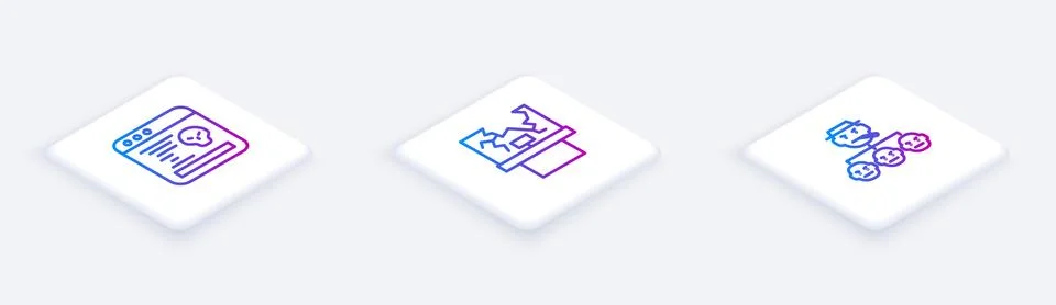 Set Isometric line System bug, Broken window and Mafia. White square button Illustrazione stock