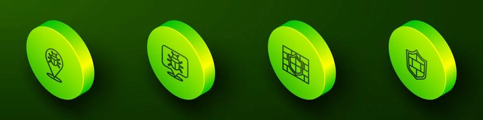 Set Isometric line System bug, , Shield with brick wall and icon. Vector 스톡 일러스트