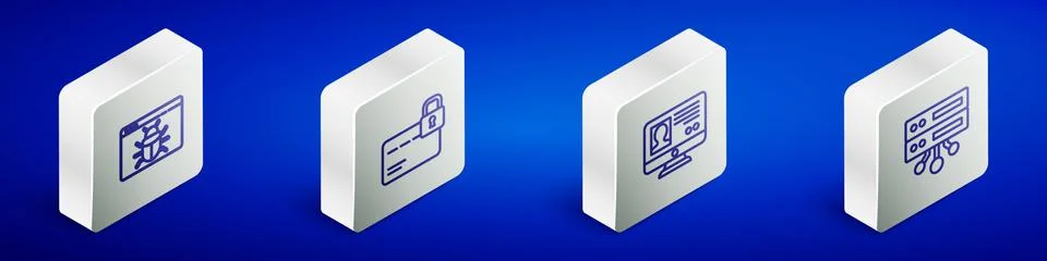 Set Isometric line System bug, Credit card with lock, Create account screen a Stockillustratie