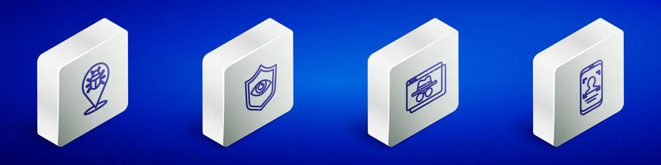Set Isometric line System bug, Shield and eye, Browser incognito window and Stock Illustration