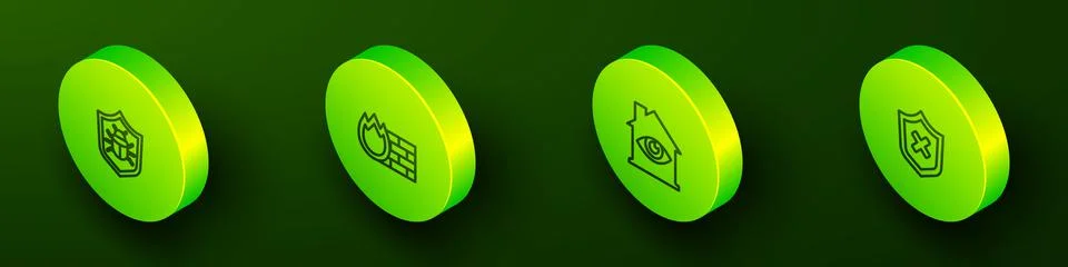 Set Isometric line System bug, Firewall, security wall, House with eye scan and Stock Illustration