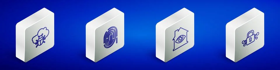Set Isometric line System bug on a cloud, Fingerprint, House with eye scan and Stock Illustration