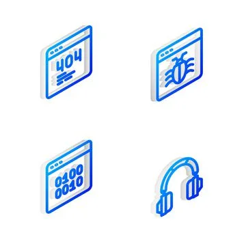 Set Isometric line System bug, Page with a 404 error, Binary code and Headphones Stock Illustration