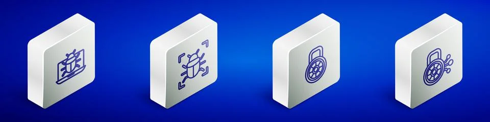 Set Isometric line System bug on monitor, , Safe combination lock and Cyber Stock Illustration
