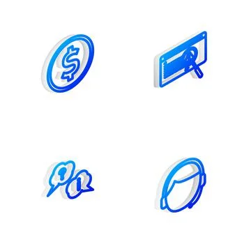 Set Isometric line System bug concept, Coin money with dollar, Question and Stock Illustration
