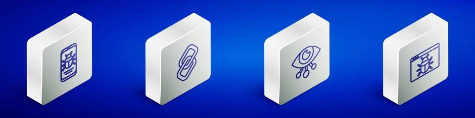 Set Isometric line System bug on mobile, Chain link, Eye scan and  icon. Vect イラスト素材