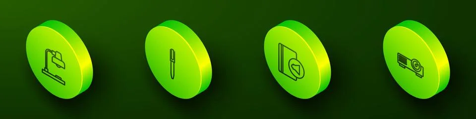 Set Isometric line Table lamp, Pen, Audio book and Movie, film, media projector Stock Illustration