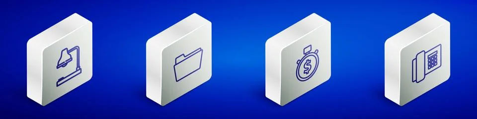 Set Isometric line Table lamp, Document folder, Time is money and Telephone icon Stock Illustration