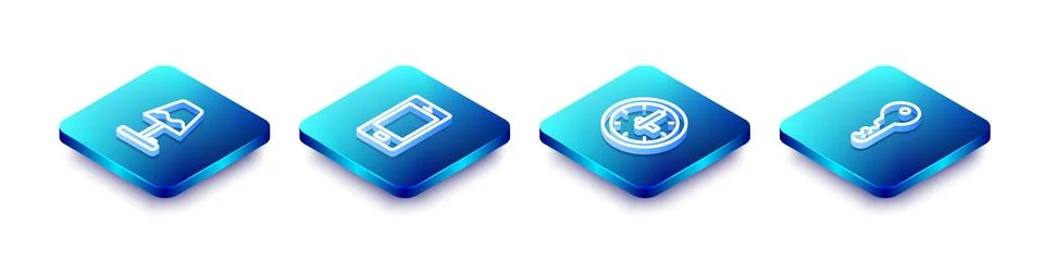 Set Isometric line Table lamp, Mobile phone, Clock and House key icon. Vector Stock Illustration