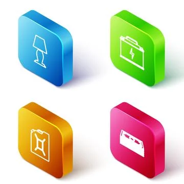 Set Isometric line Table lamp, Car battery, Canister for gasoline and Stacks  イラスト素材