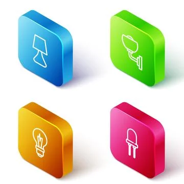 Set Isometric line Table lamp, Wall or sconce, Light bulb and emitting diod.. Stock Illustration