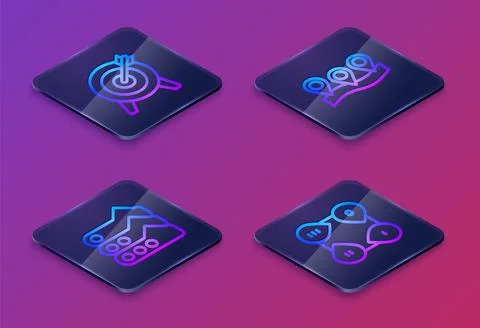 Set Isometric line Target, Graph, chart, diagram, Location and Infographic Stock Illustration