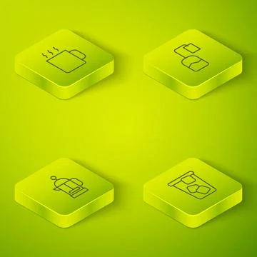 Set Isometric line Tea bag, French press, Ice tea and Cup of icon. Vector Stock Illustration