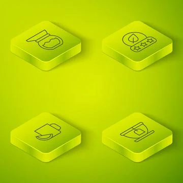 Set Isometric line Tea leaf, Cup of tea with lemon, bag and Teapot icon. Vect Stock Illustration