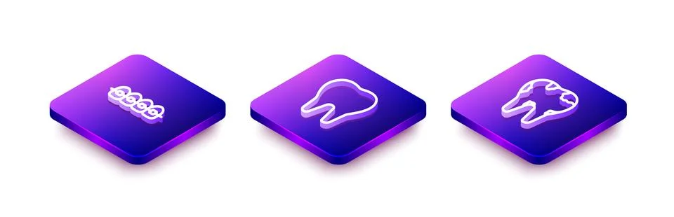 Set Isometric line Teeth with braces, Tooth and Broken tooth icon. Vector Stock Illustration