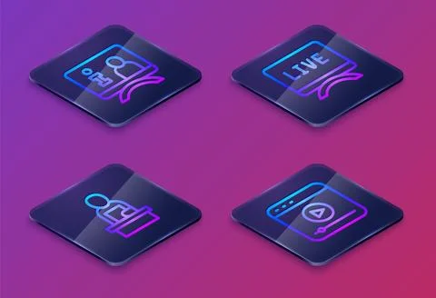 Set Isometric line Television report, Breaking news, Live and stream. Blue .. Stock Illustration