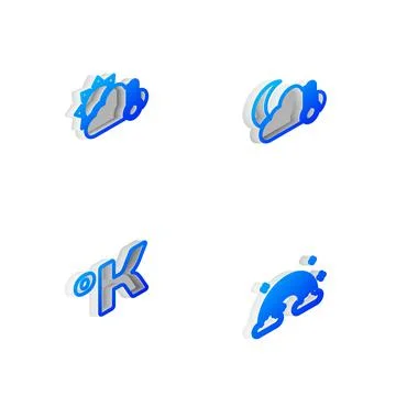 Set Isometric line Thermometer and cloud, moon, sun, Kelvin and Rainbow with Ilustração Stock
