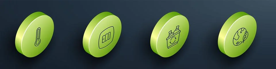 Set Isometric line Thermometer Leaf Eco symbol Recycle bin and Earth globe an Stock Illustration