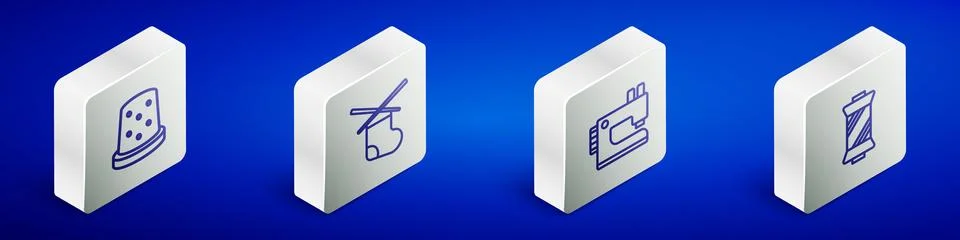 Set Isometric line Thimble for sewing, Knitting needles, Sewing machine and.. Stock Illustration