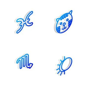 Set Isometric line Tiger zodiac, Pisces, Scorpio and Eclipse of the sun icon Illustrazione stock