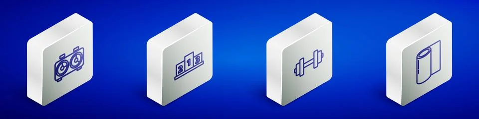Set Isometric line Time chess clock, Award over sports winner podium, Dumbb.. Ilustración de archivo