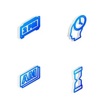 Set Isometric line Time Management, Digital alarm clock, Clock AM and Old Stock Illustration