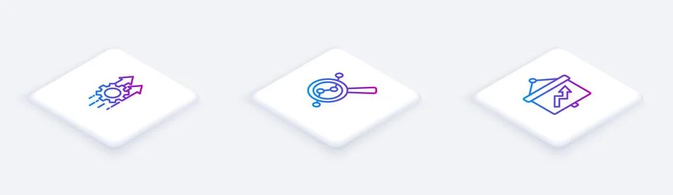Set Isometric line Time management, Search data analysis and Board with graph Illustrazione stock