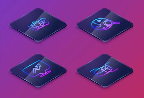 Set Isometric line Time management, Financial growth, Search globe and Pie chart Illustrazione stock