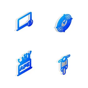 Set Isometric line Time Management, Laptop and lock, Computer api interface a Stock Illustration