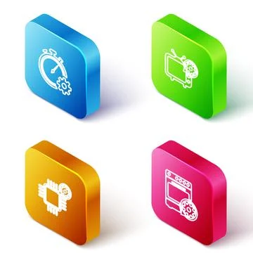 Set Isometric line Time management setting, Tv, Processor and Oven icon. Vect Stock Illustration