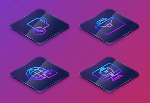 Set Isometric line Time management, Online working, Briefcase and . Blue sq.. Stock-Illustration