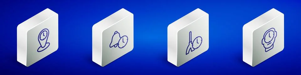Set Isometric line Time zone clocks, Alarm, Cleaning time and Clock icon. Vector Illustrazione stock