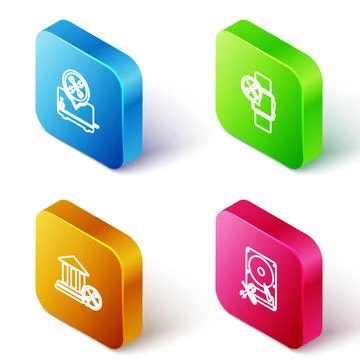 Set Isometric line Toaster service, Smartwatch, Bank building and Hard disk Stock Illustration