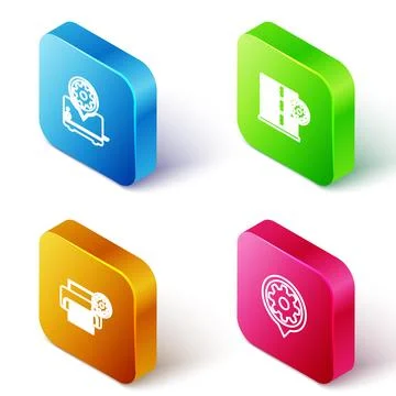 Set Isometric line Toaster setting, Server, Printer and Setting icon. Vector Stock Illustration