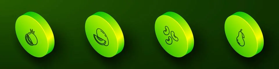 Set Isometric line Tomato, Melon fruit, Beans and Pear icon. Vector Stock Illustration