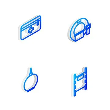 Set Isometric line Tomography, First aid kit, Enema and Stretcher icon. Vector Stock Illustration