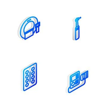 Set Isometric line Tooth drill, Tomography, Pills in blister pack and Blood Illustrazione stock