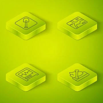 Set Isometric line Topographic map, Seismograph, Archeology and Shovel icon.. Stock Illustration