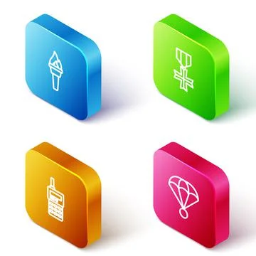 Set Isometric line Torch flame, Military reward medal, Walkie talkie and Para Stock-Illustration