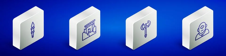 Set Isometric line Torch flame, Ancient ruins, Medieval axe and Cyclops icon 스톡 일러스트