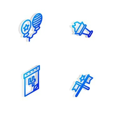 Set Isometric line Torch flame, Balloons, Calendar with date July 4 and American Ilustración de archivo