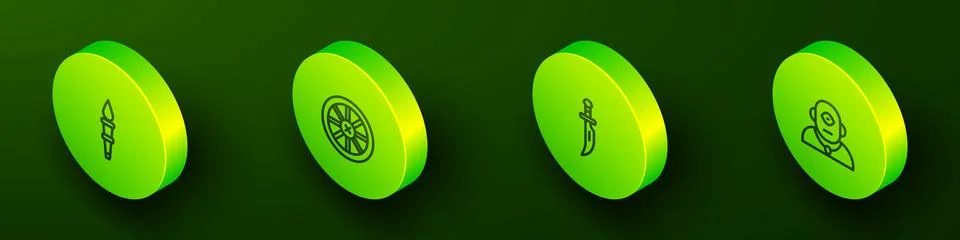 Set Isometric line Torch flame, Old wooden wheel, Dagger and Cyclops icon Illustrazione stock
