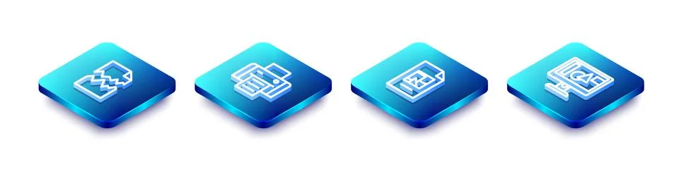 Set Isometric line Torn document, Printer, File and Computer monitor screen icon Stock Illustration