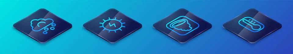 Set Isometric line Tornado, Hail cloud, Thermometer and Solar energy panel icon Stock Illustration