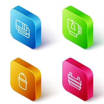 Set Isometric line Towel stack, Cup of tea with tea bag, Sauna bucket and icon Stock Illustration