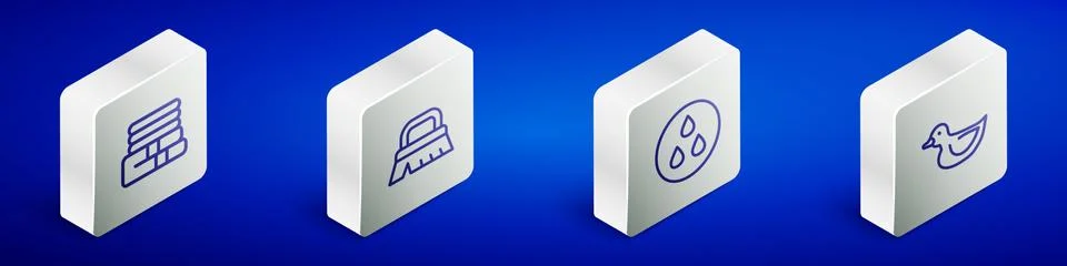 Set Isometric line Towel stack, Brush for cleaning, Water drop and Rubber duck Illustrazione stock