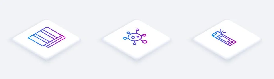 Set Isometric line Towel stack, Virus and Bottle with nozzle spray. White square Illustrazione stock