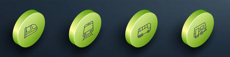 Set Isometric line Train and railway, Bus and Rv Camping trailer icon. Vector Stock Illustration