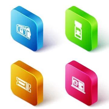 Set Isometric line Train ticket, Museum, Ticket and Online car sharing icon.  Illustrazione stock
