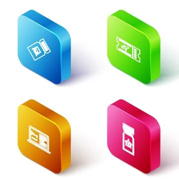 Set Isometric line Train ticket, Airline, Online hotel booking and  icon. Vec 스톡 일러스트